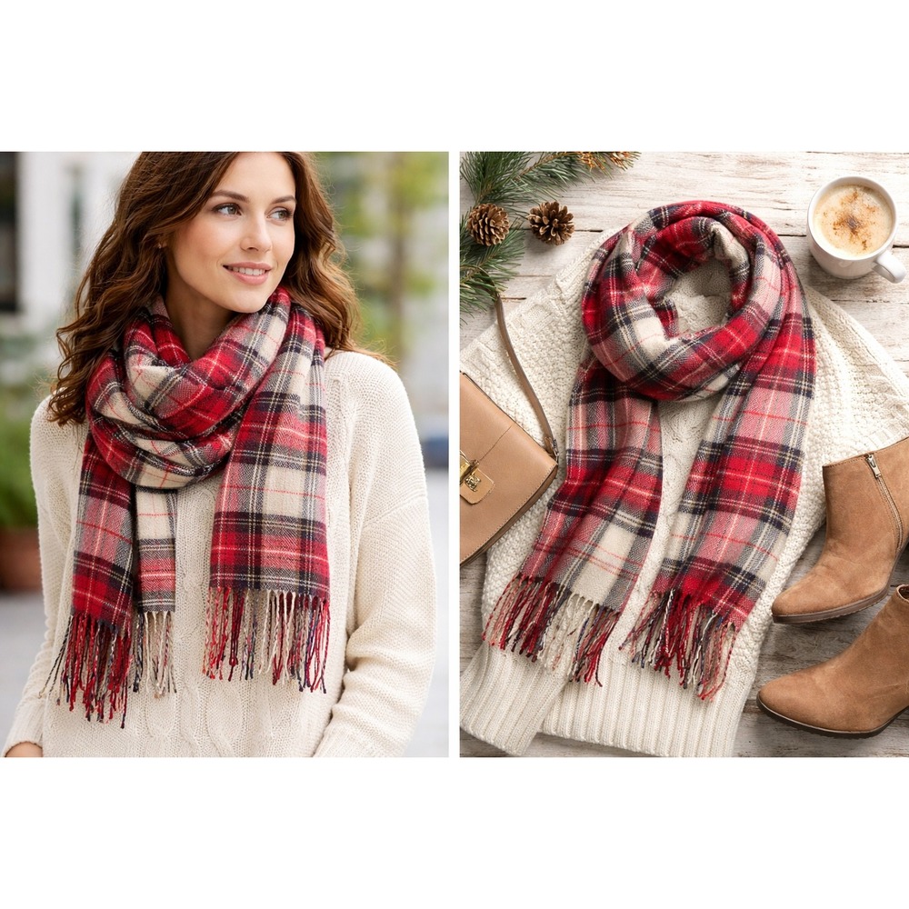 D&Y Plaid Scarf Women OS Red Cream Softer Than‎ Cashmere Acrylic Fringe Tartan